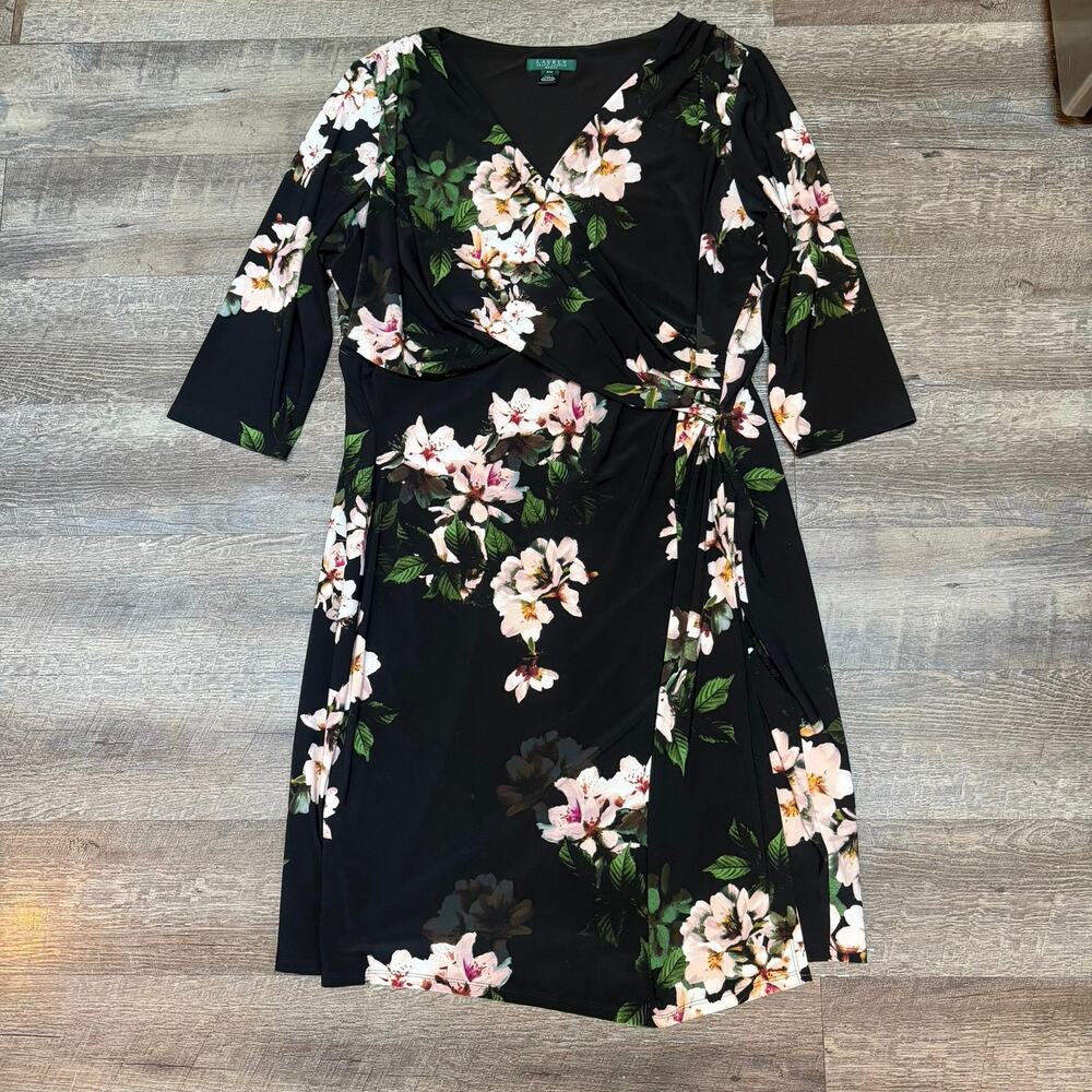 Lauren Ralph Lauren Women's 22W Black Floral Faux Wrap Dress 3/4 Sleeve